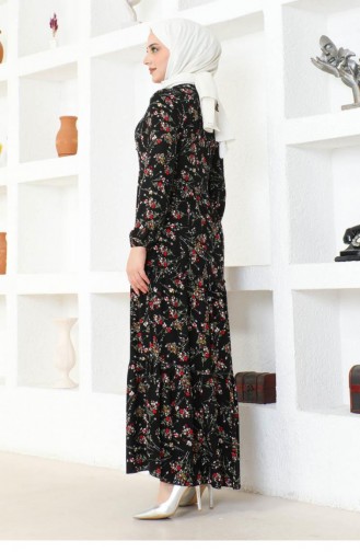 7110Sgs Floral Patterned Viscose Dress Black 17036