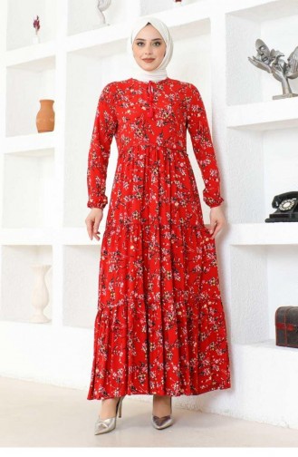 7110Sgs Floral Patterned Viscose Dress Red 17038