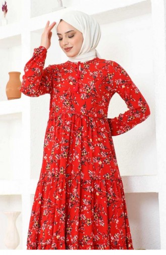 7110Sgs Floral Patterned Viscose Dress Red 17038