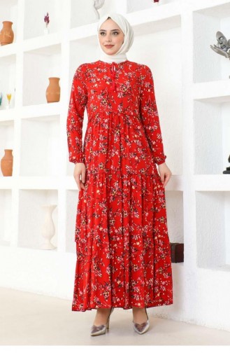 7110Sgs Floral Patterned Viscose Dress Red 17038