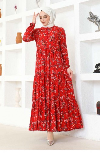 7110Sgs Floral Patterned Viscose Dress Red 17038