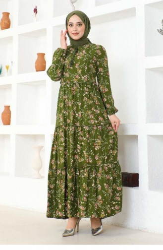 7110Sgs Floral Patterned Viscose Dress Khaki 17039