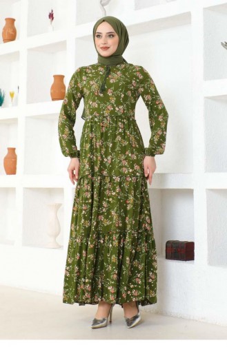 7110Sgs Floral Patterned Viscose Dress Khaki 17039