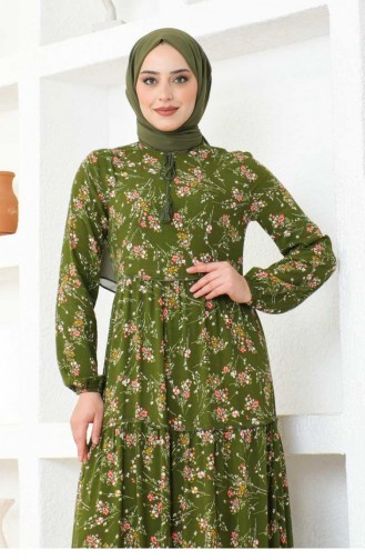 7110Sgs Floral Patterned Viscose Dress Khaki 17039