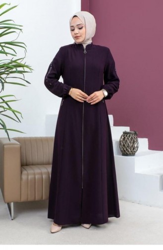 6106Smr Abaya Détaillée à Manches Prune 17043