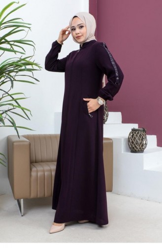 6106Smr Abaya Détaillée à Manches Prune 17043
