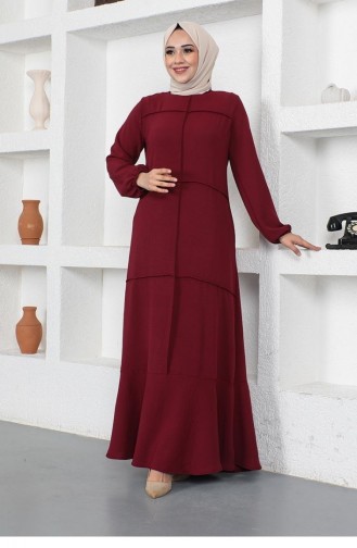 0287Sgs Sewing Detailed Model Dress Claret Red 9033