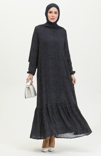 Kleid Aus Gepunkteter Viskose Mit Gerafftem Saum 2064-06 Marineblau 2064-06