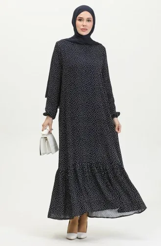 Shirred Skirt Polka Dot Viscose Dress 2064-05 Navy Blue 2064-06