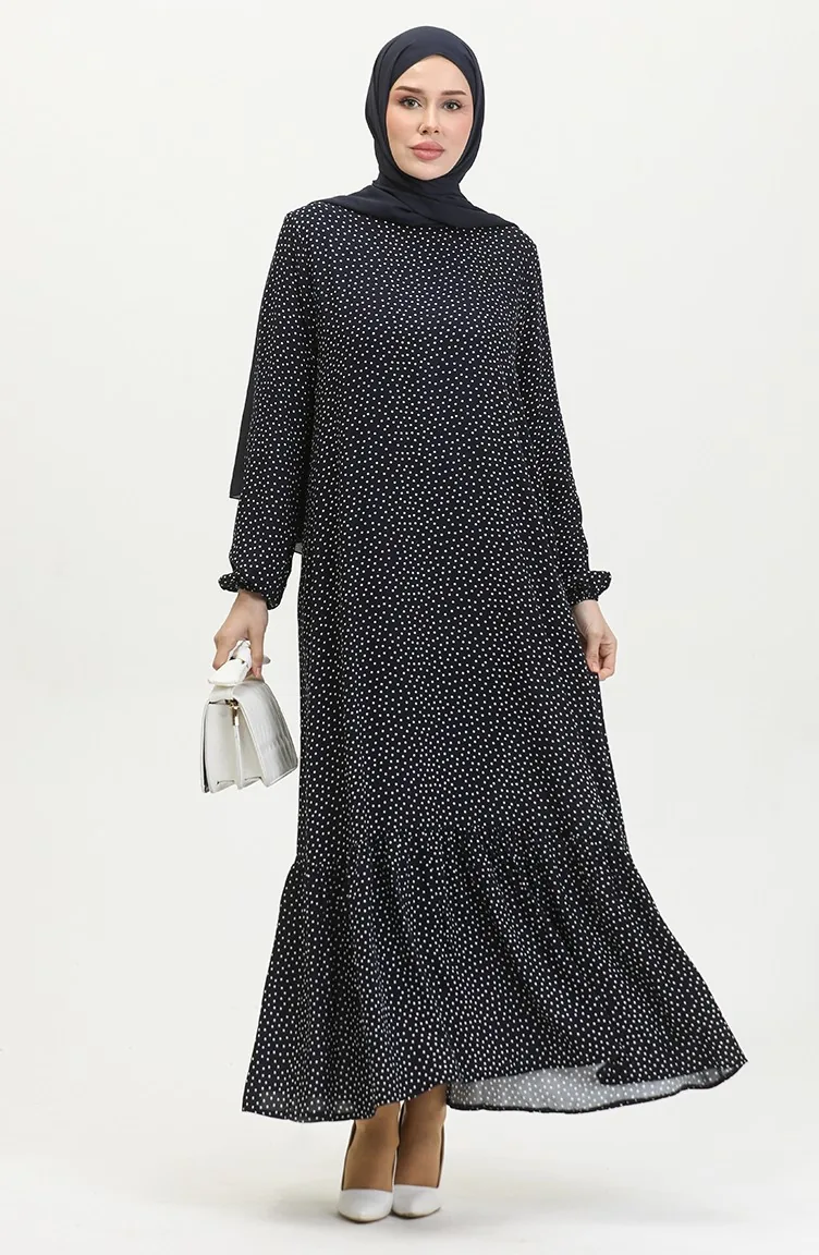 Shirred Skirt Polka Dot Viscose Dress 2064-05 Navy Blue 2064-06