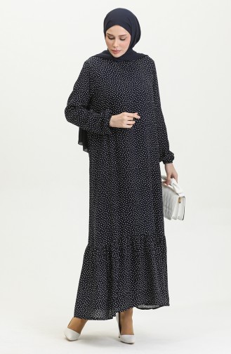 Kleid Aus Gepunkteter Viskose Mit Gerafftem Saum 2064-06 Marineblau 2064-06