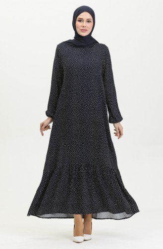 Kleid Aus Gepunkteter Viskose Mit Gerafftem Saum 2064-06 Marineblau 2064-06