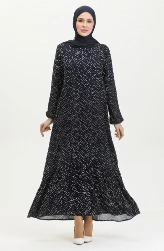 Shirred Skirt Polka Dot Viscose Dress 2064-05 Navy Blue 2064-06
