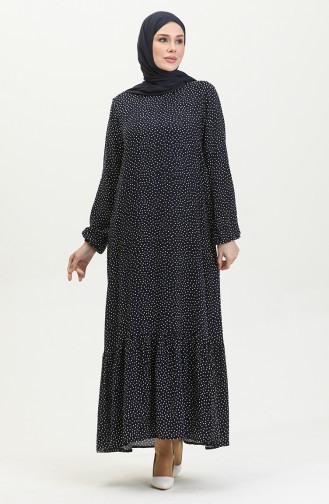 Kleid Aus Gepunkteter Viskose Mit Gerafftem Saum 2064-06 Marineblau 2064-06