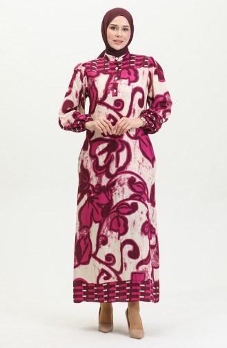 Viscose Color Garnished Half Button Dress 0396-02 Fuchsia Beige 0396-02