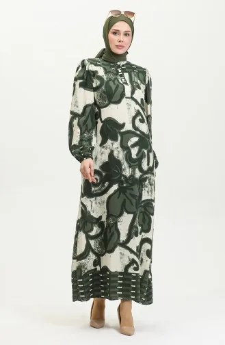 Viscose Color Garnished Half Button Dress 0396-03 Emerald Green Beige 0396-03