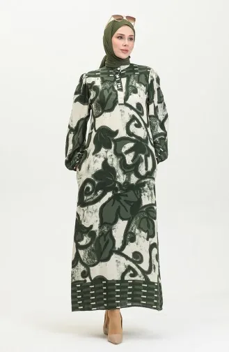 Viscose Color Garnished Half Button Dress 0396-03 Emerald Green Beige 0396-03