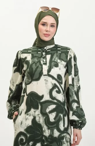 Viscose Color Garnished Half Button Dress 0396-03 Emerald Green Beige 0396-03