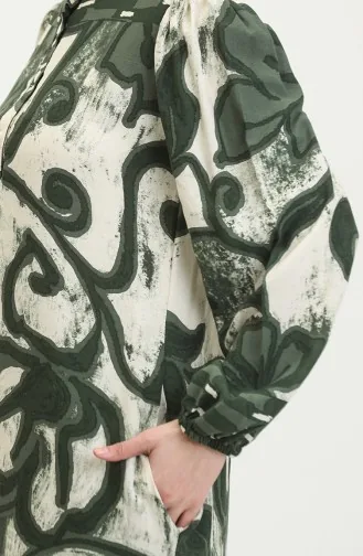 Viscose Color Garnished Half Button Dress 0396-03 Emerald Green Beige 0396-03
