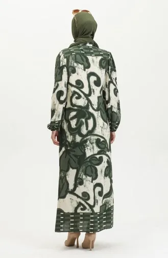 Viscose Color Garnished Half Button Dress 0396-03 Emerald Green Beige 0396-03