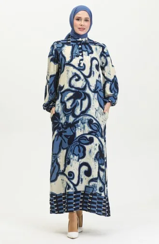 Viscosekleurige Jurk Met Halve Knopen 0396-05 Indigo Beige 0396-05