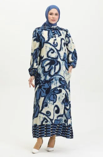 Viscosekleurige Jurk Met Halve Knopen 0396-05 Indigo Beige 0396-05