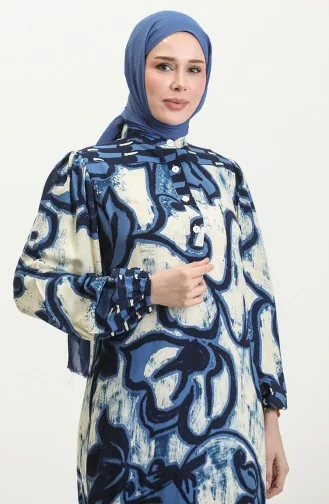 Viscosekleurige Jurk Met Halve Knopen 0396-05 Indigo Beige 0396-05