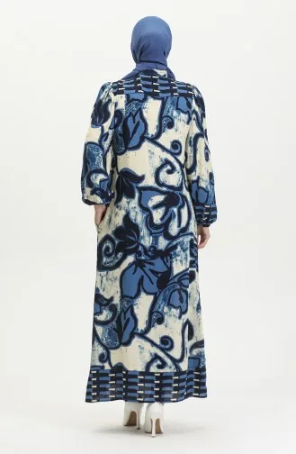 Viscosekleurige Jurk Met Halve Knopen 0396-05 Indigo Beige 0396-05