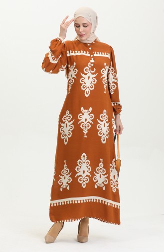 Viscose Patterned Dress With Elastic Sleeve End 0399-02 Tan 0399-02