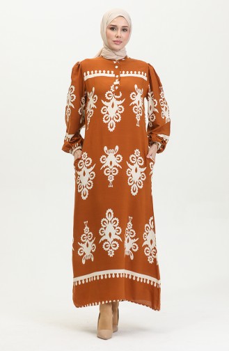 Viscose Patterned Dress With Elastic Sleeve End 0399-02 Tan 0399-02