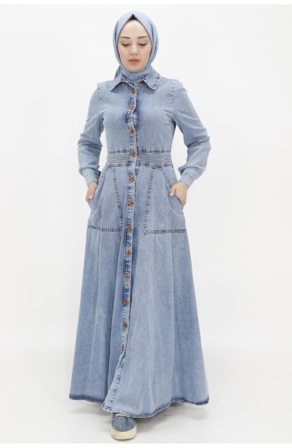 Shirt Collar Pocketed Hijab Denim Dress 1662-01 Ice Blue 1662-01