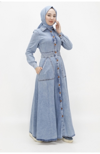 Gömlek Yaka Cepli Tesettür Kot Elbise 1662-01 Buz Mavisi
