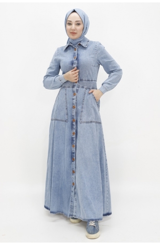 Gömlek Yaka Cepli Tesettür Kot Elbise 1662-01 Buz Mavisi