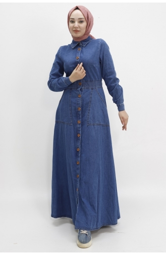 Robe Hijab En Jean Avec Poche Et Col Chemise 1662-02 Bleu Jean 1662-02