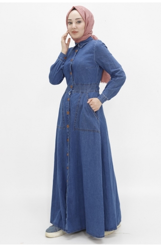 فستان جينز بتصميم حجاب وياقة قميص 1662-02 لون أزرق دينم 1662-02
