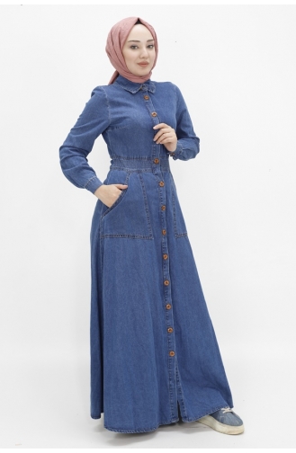 فستان جينز بتصميم حجاب وياقة قميص 1662-02 لون أزرق دينم 1662-02