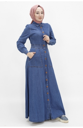 Shirt Collar Pocket Hijab Denim Dress 1662-02 Denim Blue 1662-02