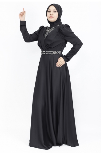 Zweireihiges Hijab-Abendkleid Aus Satin Mit Steindruck Und Ausschnitt 6864-01 Schwarz 6864-01