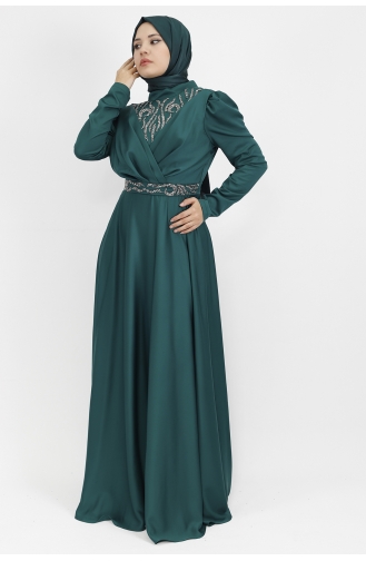 Zweireihiges Hijab-Abendkleid Aus Satin Mit Steindruck Und Ausschnitt 6864-02 Smaragdgrün 6864-02
