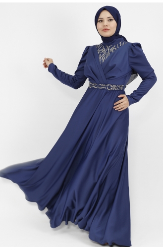 Double Breasted Neckline Stone Printed Satin Fabric Hijab Evening Dress 6864-03 Navy Blue 6864-03