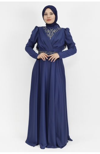 Double Breasted Neckline Stone Printed Satin Fabric Hijab Evening Dress 6864-03 Navy Blue 6864-03