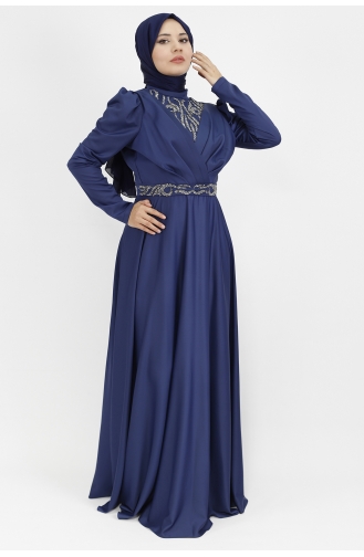 Double Breasted Neckline Stone Printed Satin Fabric Hijab Evening Dress 6864-03 Navy Blue 6864-03