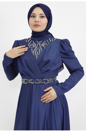 Double Breasted Neckline Stone Printed Satin Fabric Hijab Evening Dress 6864-03 Navy Blue 6864-03