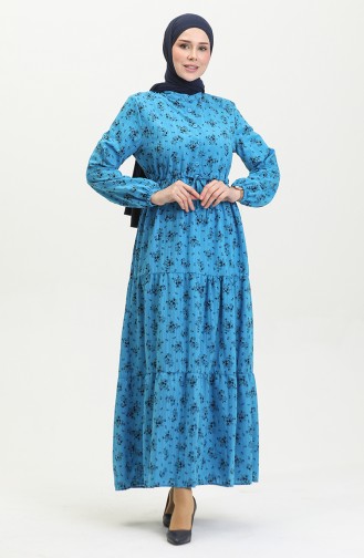 Floral Patterned Waist Gathered Dress 0398-06 Blue 0398-06