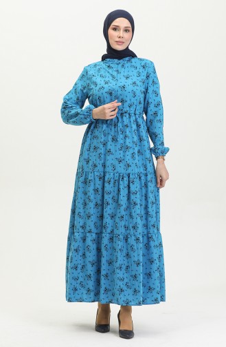 Floral Patterned Waist Gathered Dress 0398-06 Blue 0398-06