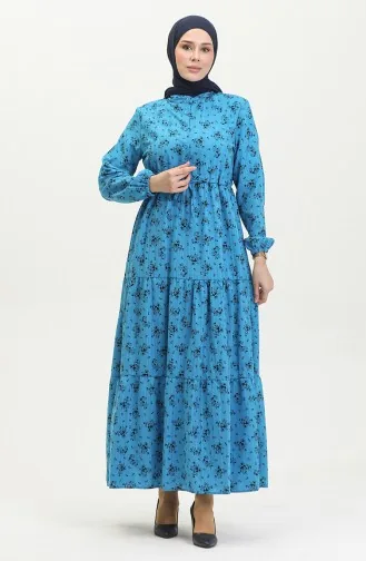 فستان منقوش للمحجبات 0398-06 أزرق 0398-06