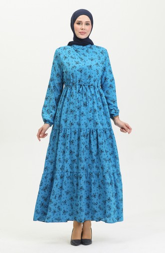 Floral Patterned Waist Gathered Dress 0398-06 Blue 0398-06