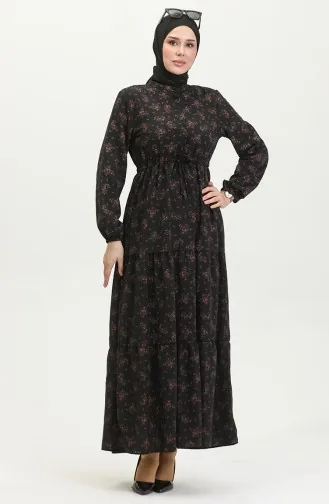 Kleid Mit Geraffter Taille Und Blumenmuster 0398-01 Schwarz 0398-01
