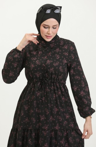 فستان منقوش للمحجبات 0398-01 أسود 0398-01
