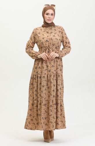 Robe Froncee à Taille à Motifs Fleurs 0398-03 Brun Laiteux 0398-03